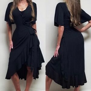 KOKO+MASON Black V-neck Asymmetric Ruffle Hem Butterfly Sleeve Wrap Dress Medium